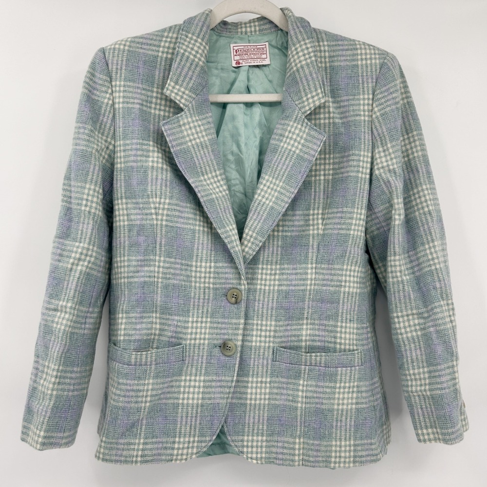Pendleton Womens Vintage Preppy Academia Plaid Virgin Wool Blazer Size 10 Petite
